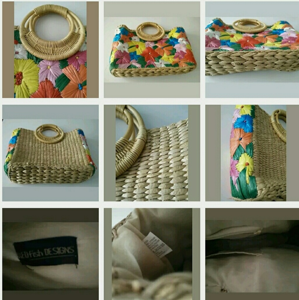 Embroidered Floral Raffia Tote Bag  w/ Rattan